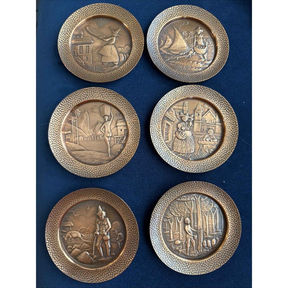 Beinal MCM Brazilian Embossed 4" Copper Cultural Coasters Wall Decor. Set of 6